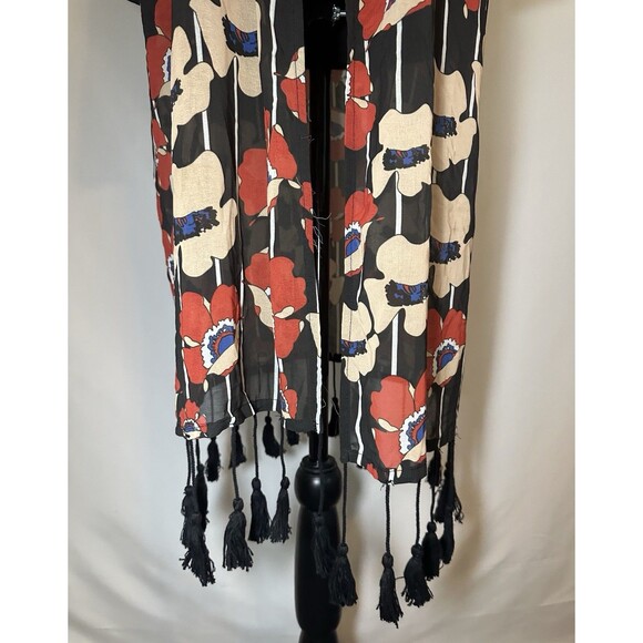 Haoduoyi Fringe 3/4 Sleeve Black Floral Sheer Kimono Women's Boho‎ MEDIUM - Picture 8 of 13